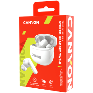 CANYON TWS-8, Bluetooth headset, with microphone, with ENC, BT V5.3 BT V5.3 JL 6976D4, Frequency Response:20Hz-20kHz, battery EarBud 40mAh*2+Charging Case 470mAh, type-C cable length 0.24m, Size: 59*48.8*25.5mm, 0.041kg, white