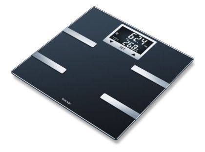 Везна Beurer BF 720 BT diagnostic bathroom scale in black, Weight, body fat, body water, muscle percentage, bone mass, AMR/BMR calorie display; BMI calculation; Black LCD display; white illumination with display of user's initials; Bluetooth; 180 kg / 100