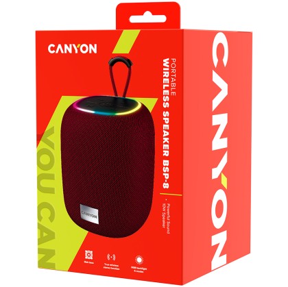 CANYON BSP-8, difuzor Bluetooth, BT V5.2, BLUETRUM AB5362B, suport card TF, port USB tip C, baterie polimer de 1800 mAh, putere maximă 10 W, roșu, lungime cablu 0,50 m, 110*110*135 mm, 0,57 kg
