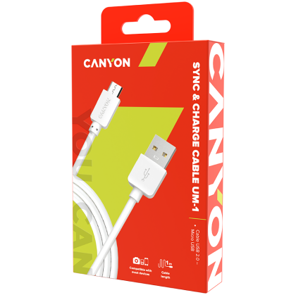 Cablu micro USB CANYON, 1M, alb