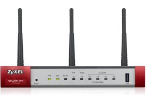ZyXEL USG20W-VPN Firewall, 802.11ac/n Wireless (3x3/80MHz), 10x VPN (IPSec/L2TP), up to 15 SSL (5 included), 1x WAN, 1x SFP, 4x LAN/DMZ, 1x USB port , Optional: Content Filtering, Antispam (licenses)
