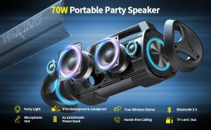 W-King Bluetooth Party Speaker - D10 Black - 70W, Karaoke mic input, Light Show