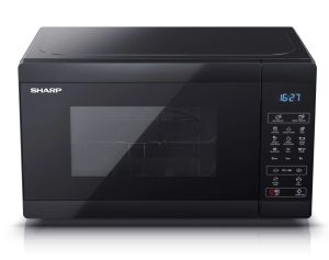 Микровълнова печка Sharp YC-MG02E-B, Fully Digital, Built-in microwave grill, Grill Power: 1000W, Cavity Material -steel, 20l, 800 W, LED Display Blue, Timer & Clock function, Child lock, White door, Defrost, Cabinet Colour: Black
