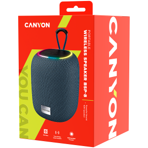 CANYON BSP-8, difuzor Bluetooth, BT V5.2, BLUETRUM AB5362B, suport card TF, port USB tip C, baterie polimer de 1800 mAh, putere maximă 10 W, gri, lungime cablu 0,50 m, 110*110*135 mm, 0,57 kg