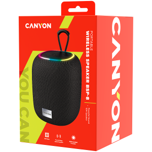 CANYON BSP-8, difuzor Bluetooth, BT V5.2, BLUETRUM AB5362B, suport card TF, port USB tip C, baterie polimer 1800mAh, putere maxima 10W, negru, lungime cablu 0.50m, 110*110*135mm, 0.57kg