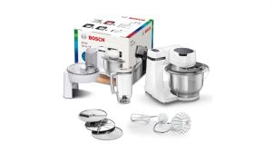 Кухненски робот Bosch MUMS2EW20, Kitchen machine, MUM Serie 2, 700 W, Large 3.8L stainless steel bowl, 3D PlanetaryMixing, 4 speeds, Pastry set, 3 discs, TR blender 1.25 l, White
