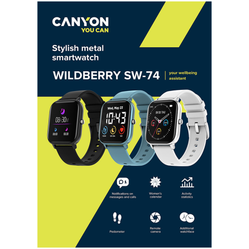 CANYON Wildberry SW-74, Smart watch, 1.3inches TFT full touch screen, Zinic+plastic body, IP67 waterproof, multi-sport mode, compatibility with iOS and android, black body with black silicon belt, Host: 43*37*9mm, Strap: 230x20mm, 45g