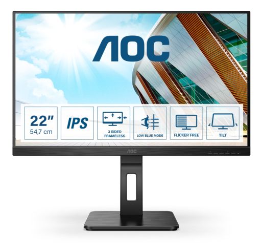 Monitor AOC 22P2Q, 21.5" IPS WLED, 1920x1080@75Hz, 4ms GtG, 250cd m/2, 1000:1, 50M:1 DCR, Adaptive Sync, FlickerFree, Low Blue Light, 2Wx2, Swivel, Pivo, Swivel, Pivo D-SUB, DVI, HDMI, DP, hub USB