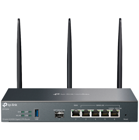 TP-Link ER706W Omada AX3000 Wi-Fi 6 Gigabit VPN Router, 1× Gigabit SFP WAN/LAN Port, 1× Gigabit RJ45 WAN Port, 4× Gigabit WAN/LAN RJ45 Ports, 1× USB 3.0, 574Mbps at 2.4 GHz + 2402 Mbps at 5 GHz (HE160), Integration with Omada SDN, SSL VPN, OpenVP