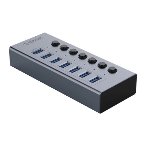 Orico хъб USB3.0 HUB 7 port with Power Adapter, On/Off buttons, Aluminium - BT2U3-7AB-EU-GY