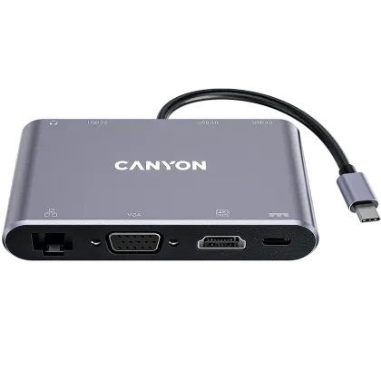 CANYON DS-14, 8 in 1 USB C hub, with 1*HDMI: 4K*30Hz, 1*VGA, 1*Type-C PD charging port, Max 100W PD input. 3*USB3.0, transfer speed up to 5Gbps. 1*Glgabit Ethernet, 1*3.5mm audio jack, cable 15cm, Aluminum alloy housing, 95*55*17.6 mm, 107g, Dark gray