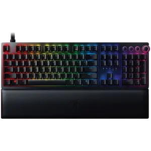 Razer Huntsman V2, tastatură optică pentru jocuri cu latență de intrare aproape de zero (comutator optic clic), aspect SUA, taste PBT Doubleshot, spumă de amortizare a sunetului, Razer Chroma™ RGB, frecvență de sondare de până la 8000 Hz, placă superioară