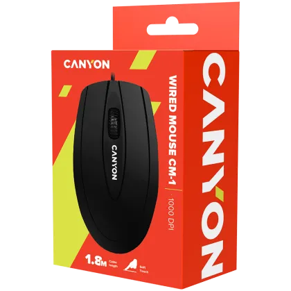 CANYON CM-1, wired optical Mouse with 3 buttons, DPI 1000, Black, cable length 1.8m, 100*51*29mm, 0.07kg