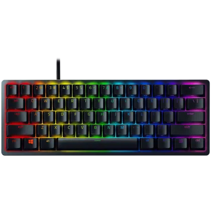 Razer Huntsman Mini - Clicky Optical (Comutator violet) - SUA - Negru, Tastatură pentru jocuri, Comutatoare optice Razer™, dimensiune 60%, RGB Chroma, Tastaturi PBT Doubleshot Cu funcții secundare imprimate lateral, Aspect standard pentru rândul de jos, T