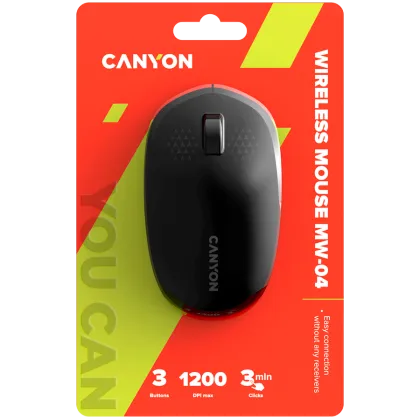 CANYON MW-04, Bluetooth Wireless optical mouse with 3 buttons, DPI 1200 , with 1pc AA canyon turbo Alkaline battery, Black, 103*61*38.5mm, 0.047kg