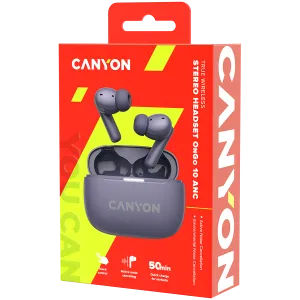 CANYON OnGo TWS-10 ANC+ENC, căști Bluetooth, microfon, BT v5.3 BT8922F, răspuns în frecvență: 20Hz-20kHz, baterie Căști 40mAh*2+carcă de încărcare 500mAH, lungime cablu tip C 24cm, dimensiune 63,97*265. mm 42,5 g, violet