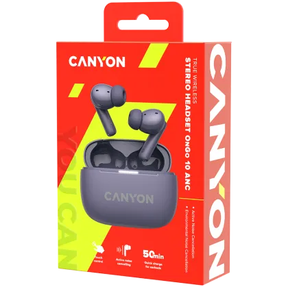 CANYON OnGo TWS-10 ANC+ENC, căști Bluetooth, microfon, BT v5.3 BT8922F, răspuns în frecvență: 20Hz-20kHz, baterie Căști 40mAh*2+carcă de încărcare 500mAH, lungime cablu tip C 24cm, dimensiune 63,97*265. mm 42,5 g, violet