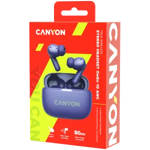 CANYON OnGo TWS-10 ANC+ENC, căști Bluetooth, microfon, BT v5.3 BT8922F, răspuns în frecvență: 20Hz-20kHz, baterie Căști 40mAh*2+carcă de încărcare 500mAH, lungime cablu tip C 24cm, dimensiune 63,97*265. mm 42,5 g, violet