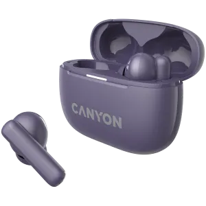 CANYON OnGo TWS-10 ANC+ENC, căști Bluetooth, microfon, BT v5.3 BT8922F, răspuns în frecvență: 20Hz-20kHz, baterie Căști 40mAh*2+carcă de încărcare 500mAH, lungime cablu tip C 24cm, dimensiune 63,97*265. mm 42,5 g, violet