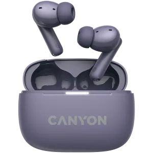 CANYON OnGo TWS-10 ANC+ENC, căști Bluetooth, microfon, BT v5.3 BT8922F, răspuns în frecvență: 20Hz-20kHz, baterie Căști 40mAh*2+carcă de încărcare 500mAH, lungime cablu tip C 24cm, dimensiune 63,97*265. mm 42,5 g, violet