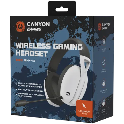 CANYON Ego GH-13, Cască Gaming BT, +suport virtual 7.1 în modul 2.4G, cu chipset BK3288X, versiunea BT 5.2, cablu 1.8M, dimensiune: 198x184x79mm, Alb