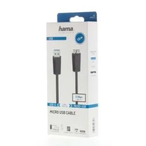 HAMA Kablosu, USB 3.0 A erkek - USB 3.0 Micro-B erkek, 1,5 m, 5 Gbit/s, Siyah