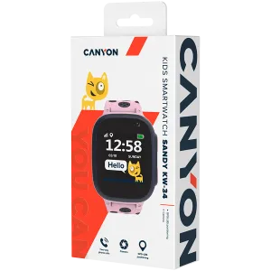 CANYON Sandy KW-34, Kids smartwatch, 1.44 inch colorful screen, GPS function, Nano SIM card, 32+32MB, GSM(850/900/1800/1900MHz), 400mAh battery, compatibility with iOS and android, Pink, host: 52.9*40.3*14.8mm, strap: 230*20mm, 42g