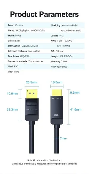 Vention Cable DisplayPort to HDMI 3.0m - 4K, Gold Plated - HFOBI