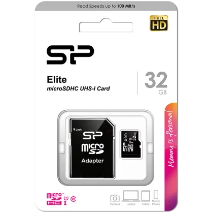 Card mSD Silicon Power Elite /clasa 10 de 32 GB UHS-1 (U1) R/W: până la 85/10 MB/s, funcție ECC, rezistență la șocuri/apă/raze X, cu adaptor, EAN: 4712702628180