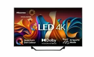 TV Hisense 43" A7NQ, 4K Ultra HD 3840x2160, QLED, FALD, Quantum Dot, HDR 10+, HLG, Dolby Vision, Dolby Atmos, Smart TV, WiFi 5GHz, WiFi Direct, BT, Anyview Cast, 3xHDMI, 2xUSB, LAN, CI+, DVB-T2/C/S2, Black