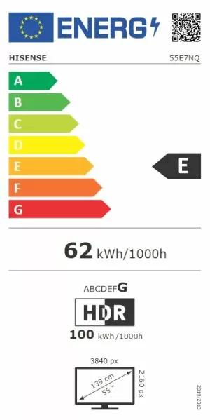 TV Hisense 55" E7NQ, 4K Ultra HD 3840x2160, QLED, Quantum Dot, HDR 10+, HLG, Dolby Vision, DTS Virtual X, Smart TV, WiFi, Light Sensor, BT, Anyview Cast, 3xHDMI, 2xUSB, LAN, CI+, DVB-T2/C/S2, Black
