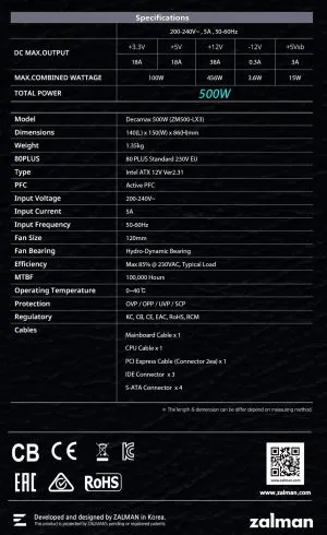 Zalman захранване PSU DecaMax 500W 80+ ZM500-LX3