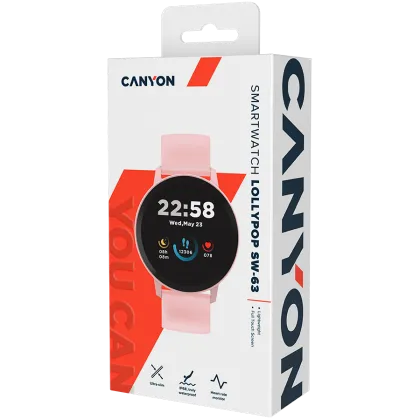 CANYON Lollypop SW-63, Smart watch, 1.3inches IPS full touch screen, Round watch, IP68 waterproof, multi-sport mode, BT5.0, compatibility with iOS and android, Pink, Host: 25.2*42.5*10.7mm, Strap: 20*250mm, 45g