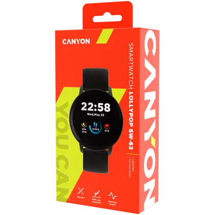 CANYON Lollypop SW-63, Smart watch, 1.3inches IPS full touch screen, Round watch, IP68 waterproof, multi-sport mode, BT5.0, compatibility with iOS and android, black, Host: 25.2*42.5*10.7mm, Strap: 20*250mm, 45g
