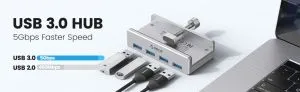 Orico хъб USB 3.0 HUB Clip Type 4 port - aux Micro-USB power input, Aluminum - MH4PU-P-SV