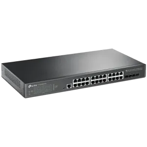 TP-Link SG3428X Omada 24-Port Gigabit L2+ Managed Switch with 4 10GE SFP+ Slots, 24× Gigabit RJ45 ports and 4× 10GE SFP+ slots, Omada APP, Static Routing, VLAN, ACL, QoS, IGMP Snooping, OAM, DDM, ERPS, Fanless, 1U, Zero-TouchProvisioning, ERPS