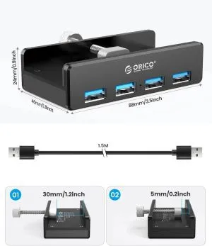 Orico хъб USB 3.0 HUB Clip Type 4 port - aux Micro-USB power input, Black - MH4PU-P-BK