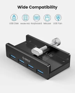Orico хъб USB 3.0 HUB Clip Type 4 port - aux Micro-USB power input, Black - MH4PU-P-BK