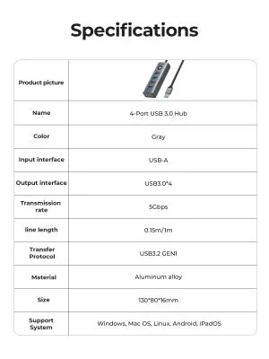 Orico хъб HUB USB3.0 4 port, Aluminium, Grey - PDD4U-U3-015-GY
