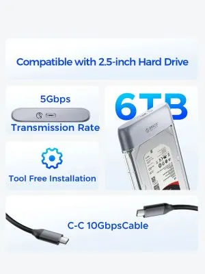 Orico външна кутия за диск Storage - Case - 2.5 inch 5Gbps USB-C Transparent - TX25C3-GY-BP