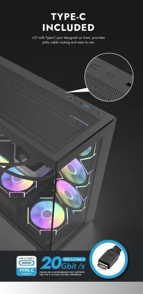 Darkflash кутия Case ATX - DS900 Black - USB-C