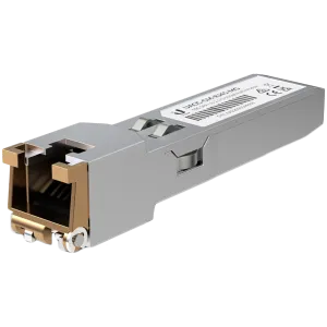 Ubiquiti UACC-CM-RJ45-MG SFP+ to RJ45 adapter, 1/2.5/5/10 GbE is a RJ45 transceiver that can be inserted into an SFP port in order to connect a copper Ethernet cable