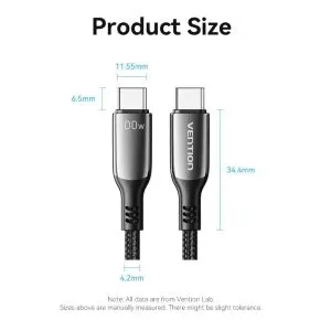 Vention кабел USB2.0 Type-C/Type-C 100W, LED display 2m - CTKBH