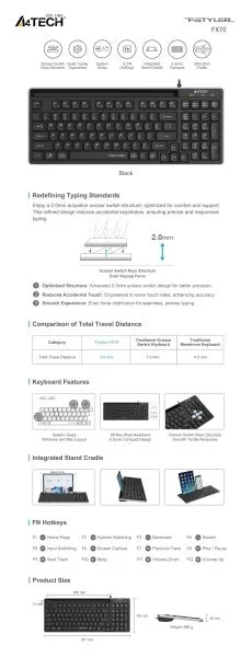 A4tech Fstyler FX70 Wired keyboard, low profile, scissor technology, Cyrillic, black