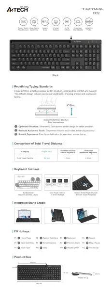 A4tech Fstyler FX72 Wired keyboard, low profile, scissor technology, Cyrillic, black