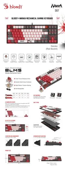 A4tech Gaming Mechanical Keyboard Bloody Naraka S87 TKL Backlit Red Switch, USB