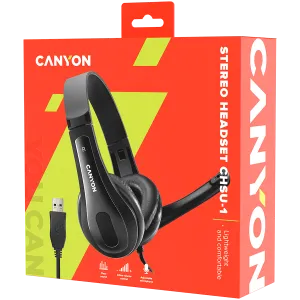 CANYON CHSU-1, căști de bază pentru PC cu microfon, mufă USB, plăcuțe din piele, lungime cablu plat 2,0 m, 160*60*160 mm, 0,13 kg, Negru;