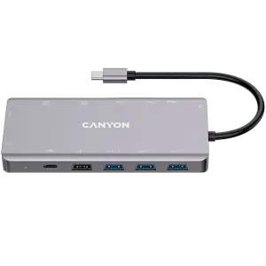 CANYON DS-12, hub USB C 13 în 1, cu 2*HDMI, 3*USB3.0: suport max. 5 Gbps, 1*USB2.0: suport max. 480Mbps, 1*PD: suport max 100W PD, 1*VGA,1* date tip C, 1*Glgabit Ethernet, 1*3.5mm mufă audio, cablu 15cm, carcasă din aliaj de aluminiu,130*57.5*15 mm, gri î