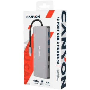 CANYON DS-12, hub USB C 13 în 1, cu 2*HDMI, 3*USB3.0: suport max. 5 Gbps, 1*USB2.0: suport max. 480Mbps, 1*PD: suport max 100W PD, 1*VGA,1* date tip C, 1*Glgabit Ethernet, 1*3.5mm mufă audio, cablu 15cm, carcasă din aliaj de aluminiu,130*57.5*15 mm, gri î