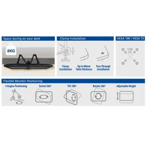 Suport pentru 2 monitoare ACT AC8302, pentru birou, Ajustabil, 32", 2x8 kg, Negru